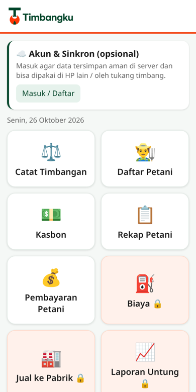 Tampilan beranda Timbangku dengan data contoh